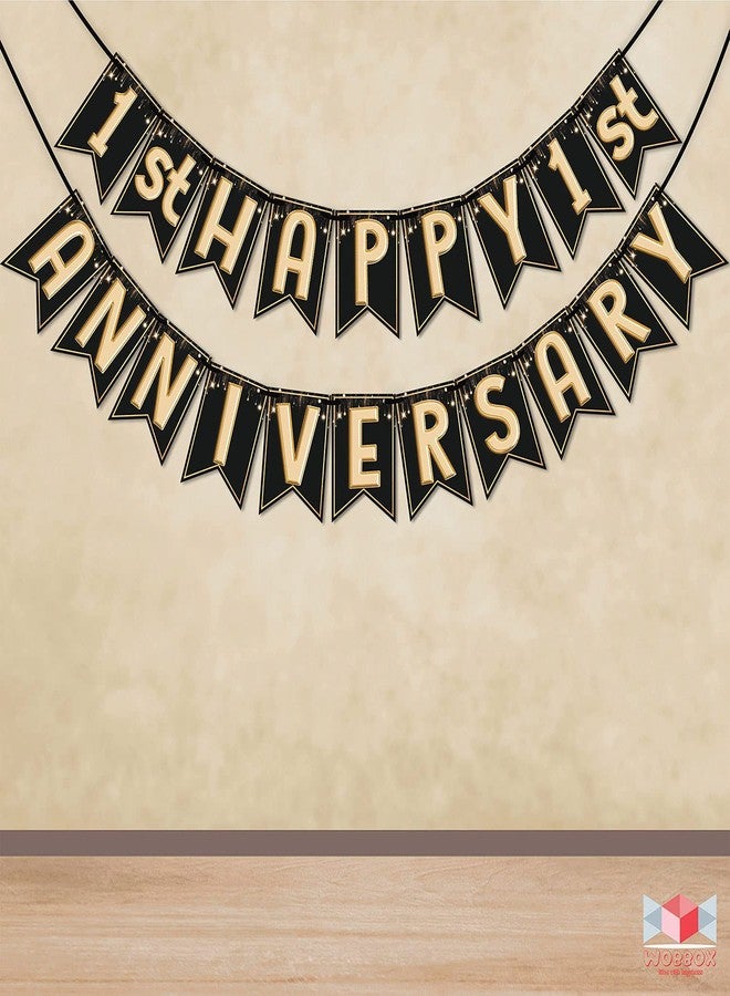 Wobbox Happy Anniversary Bunting Banner Black & Copper Gold Text with Hanging Stars 1st Year Happy Anniversary, Anniversary Decoration for Home, Happy Anniversary Decoration Item, - Image 1